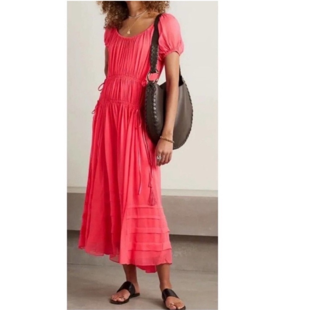 La Ligne Isabelle Silk Puff Sleeve Dress adjustable coral pink NWT XS